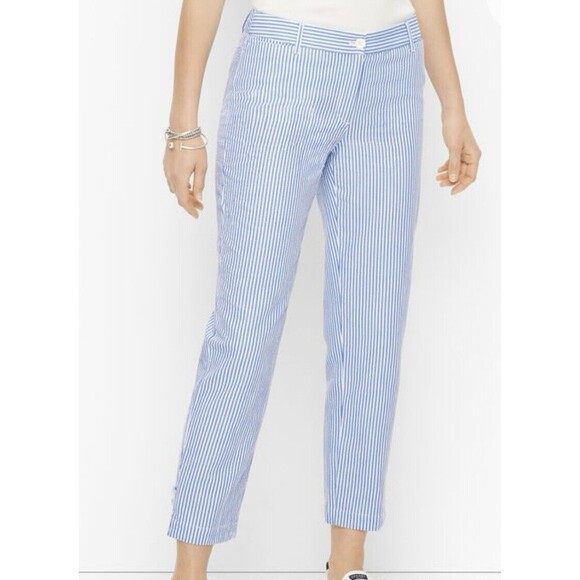 NWT Talbots Pants Womens 14 Blue White Seersucker‎ Perfect Crop Striped Ankle - Picture 1 of 15